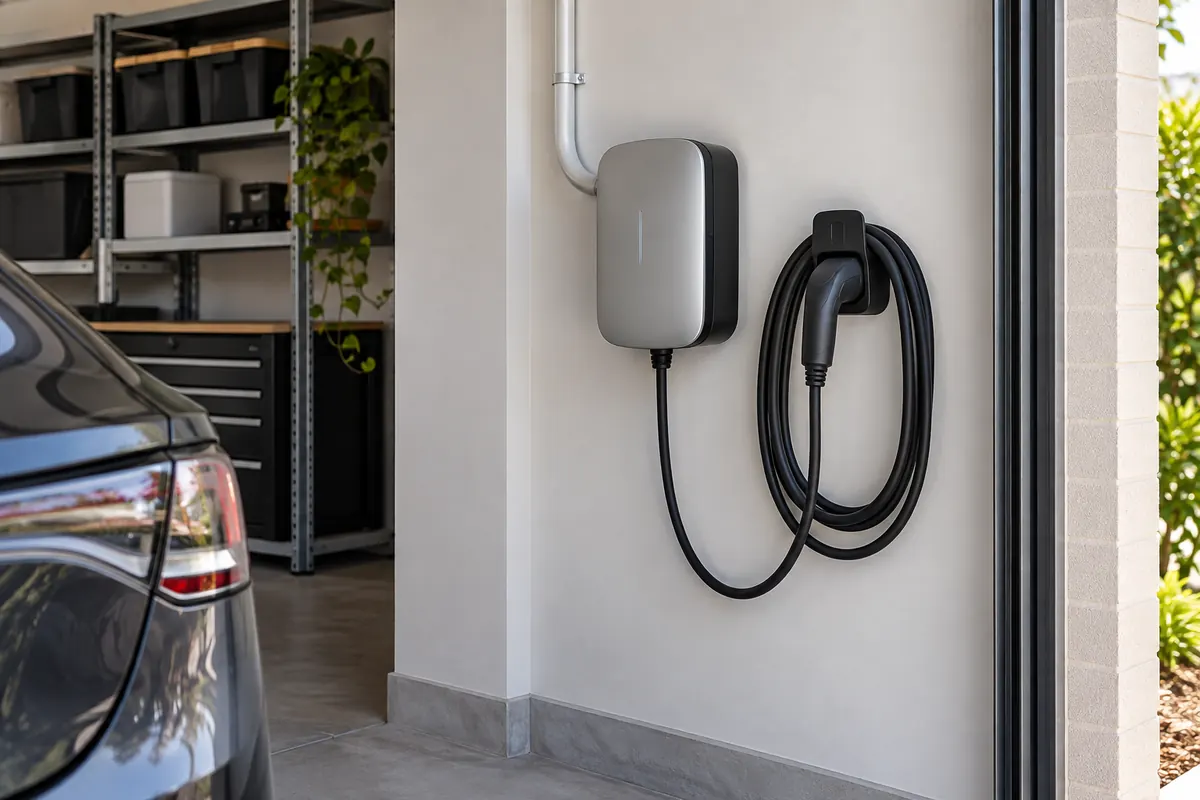 Wall-mounted EV charger installed in a home garage