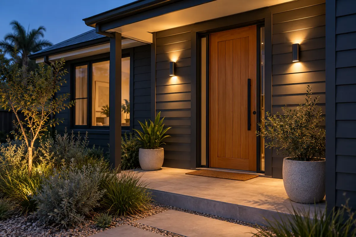 Exterior wall lights and security lighting at a home entry